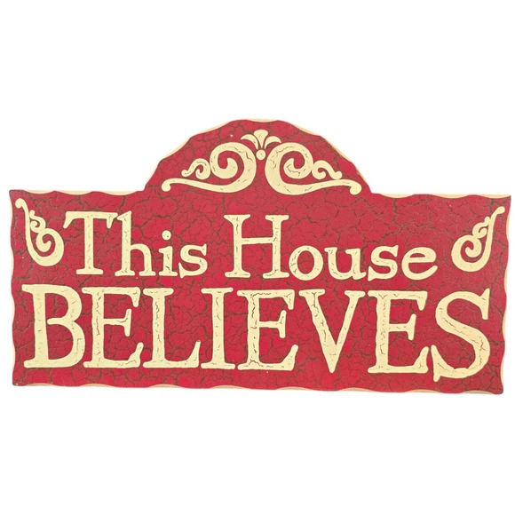 This House Believes Wooden Wall Decor Sign Red Gold Accent Home Religious - Picture 1 of 2
